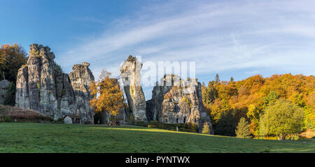 Externsteine rock formation, also called German Stonehenge, in autumn Stock Photo