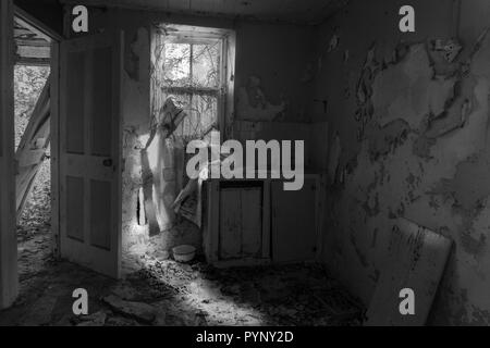 Kitchen, derelict cottage, paint peeling, sink with old apron at window, bowl on ground, door off hinges leaning to one side, Black + White Stock Photo