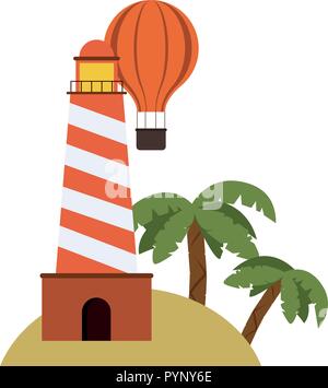 lighthouse in beach with hot air balloon vector illustration graphic design Stock Vector
