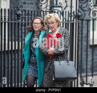 Downing Street, London, UK. 29 October, 2018. Leader of the Commons Andrea Leadsom leaves Downing Street with Baroness Evans, Leader of the House of Lords, after a pre-Budget Cabinet Meeting before travelling to Parliament to attend the Autumn Budget. Credit: Malcolm Park/Alamy Live News. Stock Photo