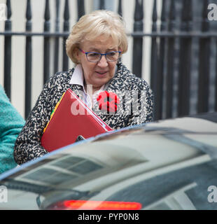 Downing Street, London, UK. 29 October, 2018. Leader of the Commons Andrea Leadsom leaves Downing Street after a pre-Budget Cabinet Meeting before travelling to Parliament to attend the Autumn Budget. Credit: Malcolm Park/Alamy Live News. Stock Photo