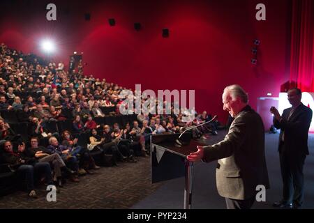Leipzig, Germany. 29th Oct, 2018. German director Werner Herzog (2nd from right) speaking to guests at the CineStar cinema on the occasion of the opening of the 61st documentary film festival DOK Leipzig. The motto of the event will be 'Demand the impossible!' and 306 films from 50 countries will be show from 29 October to 04 November 2018. Credit: Sebastian Kahnert/dpa-Zentralbild/dpa/Alamy Live News Stock Photo