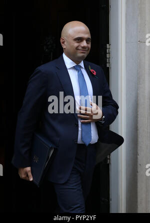 Sajid Javid (Home Secretary) leaves Cabinet meeting before Philip Hammond, Chancellor of the Exchequer, delivers his Budget speech in The House of Commons on Budget Day, Downing Street, London, Great Britain, October 29, 2018. Stock Photo