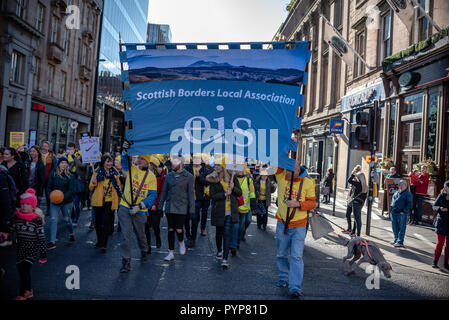 Members of the protest are seen holding a banner during the march. Thousands of education staff went on strike to demand a 10% increase in their wage. The march was organised by Educational Institute of Scotland or EIS, the oldest teaching trade union in the world. Stock Photo