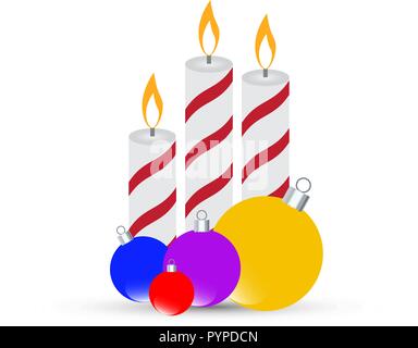 Three Christmas burning candles with balls on a white background. Vector illustration Stock Vector