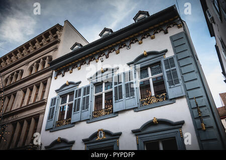 Basel, Switzerland - December 25, 2017 - architectural detail of the former house of the corporation of the locksmith of Basel on a winter day Stock Photo