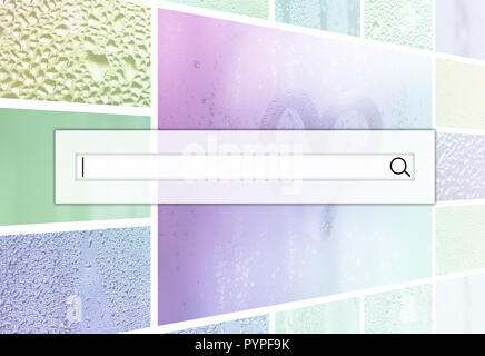 The search field is located on top of collage of many different fragments of glass, decorated with rain drops from the condensate and painted heart in Stock Photo