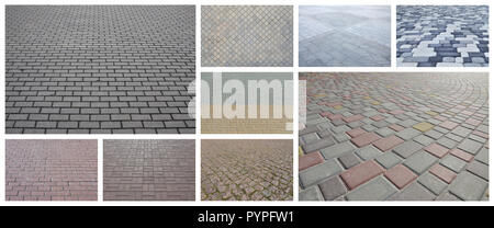A collage of many pictures with fragments of paving tiles close-up. Set of images with pavement stone Stock Photo