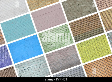 A collage of many pictures with fragments of brick walls of different ...