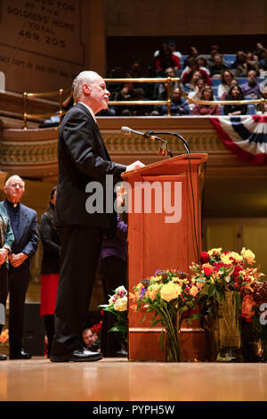 Rabbi Jeffrey Myers of the Tree of Life/Or L'Simcha Congregation giving a chilling description of the mass shooting which occurred in the synagogue.  In Pittsburgh, Pennsylvania, thousands came together to mourn the loss of the Tree of Life synagogue shooting in Squirrel Hill where 11 congregants were killed and six injured. The deadliest attack on Jews in the history of the United States. Interfaith leaders joined the thousands to show their solidarity and voice out their love and unity for all people regardless of race and religion. The vigil was held at the Soldiers & Sailors Memorial Hall  Stock Photo