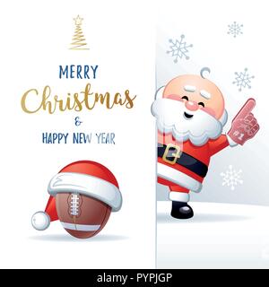 Merry Christmas and Happy New Year. Sports greeting card. Cute Santa Claus with Football, Rugby ball and Foam hand. Vector illustration. Stock Vector