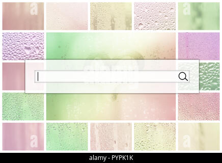 The search field is located on top of collage of many different fragments of glass, decorated with rain drops from the condensate and painted heart in Stock Photo