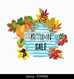 Autumn sale discount banner design. Vector fall wreath with leaves, pumpkin and berries on the blue striped background Stock Vector