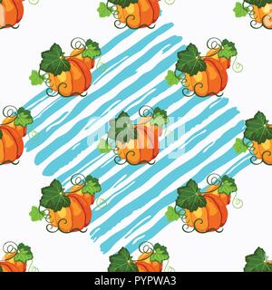 Seamless pattern witn orange ripe pumpkin, green leaves, blue paint stripe on the white background Stock Vector