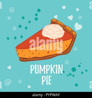 Vector pumpkin pie with whipped cream on the blue background, place for text. Sweet fall dessert Stock Vector
