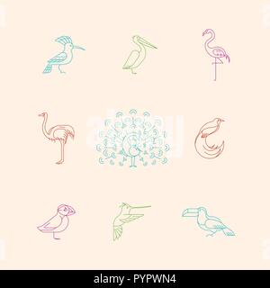 Birds are different species. Line icon set. Can be used for logo, print, web site Stock Vector