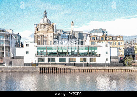 Digital pencil sketch of The Grosvenor Casino Riverboat located on the Broomielaw on the banks of The River Clyde, Glasgow, Scotland, UK Stock Photo