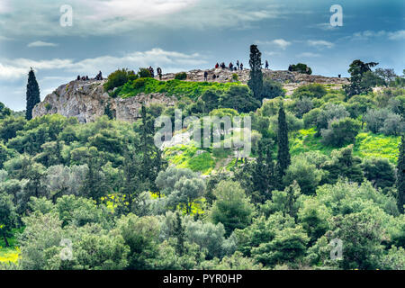 Ancient Agora Market Place Fields Areopagus Saint Paul Rock  Athens Greece. Agora6th Century BC. Saint Paul preached from this rock. Stock Photo