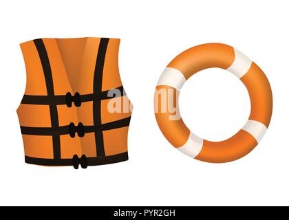 Life jacket and buoy. Orange lifejacket. Vector illustration. Equipment for swimming. Stock Vector
