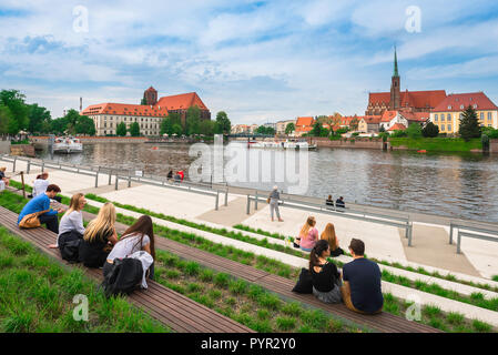 Silesia Poland, view over the River Oder towards the Church of Our Lady Of The Sands (left) and Holy Cross Church on Cathedral Island (right), Wroclaw. Stock Photo