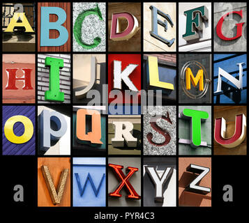 City ABC - alphabet collage. Colorful letters font from urban buildings. Stock Photo