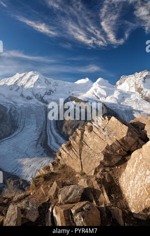 Swiss Alps with glaciers against blue sky, Zermatt area, Switzerland Stock Photo