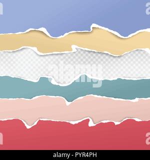 Colorful horizontal ripped paper strips, torn note paper for text or message are on grey squared background. Vector illustration Stock Vector
