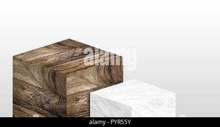 Product display stand made from white glossy marble and wood in two step with copy space for display of content design or replace your background,Bann Stock Photo