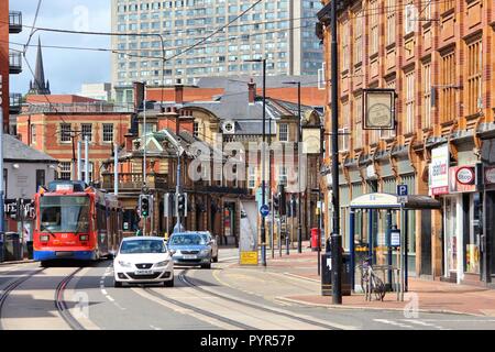 SHEFFIELD, UK - JULY 10, 2016: People walk in Sheffield, Yorkshire, UK. Sheffield is the 6th largest city in the UK with population of 529,541. Stock Photo