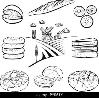 Set of hand drawn bakery products. Black outline vector drawings. Stock Vector