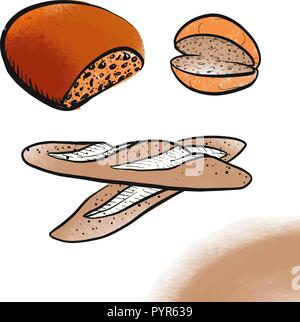 Three hand drawn breads. Black vector outlines and colored fills. Stock Vector