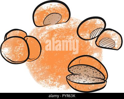 Hand drawn bread rolls. Black vector outline and colored fills. Stock Vector