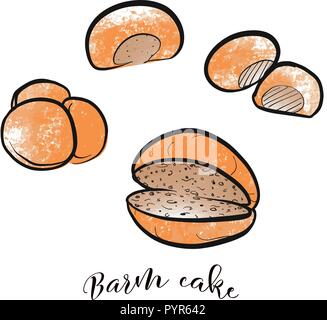 Set of hand drawn and colored bread rolls. Black vector outlines and colored fills. Stock Vector