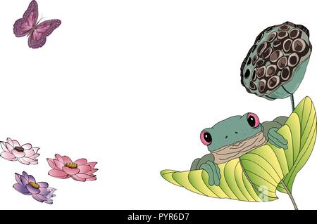 Green tree frog sitting on the big leaf, blooming colorful nelumbo or lotus flowers and beautiful butterfly flying above. Stock Vector