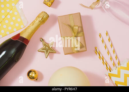 Birthday party background in Gold color. Flat lay, top view Stock Photo