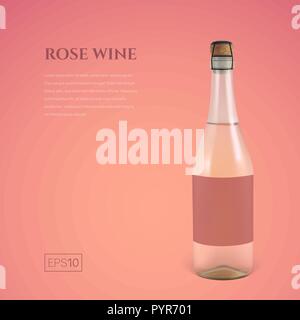 Photorealistic bottle of rose sparkling wine on a pink background Stock Vector