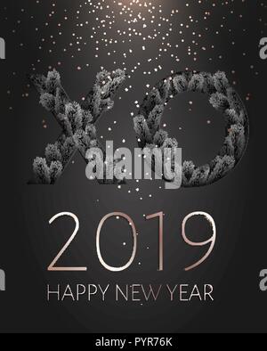 Black XO paper cut. New Year 2019. Gold confetti. Stock Vector