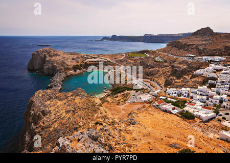 View of St Pauls Bayby Lindos village. Rhodes, Greece. Stock Photo