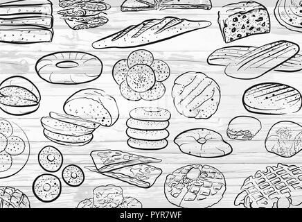 Hand drawn bread doodles pattern. Vector food illustration. Stock Vector
