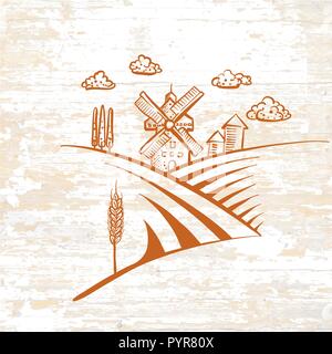 Windmill drawing icon on vintage background. Vector food illustration. Stock Vector