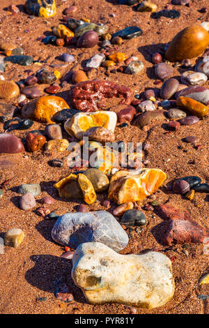 Highly coloured pebbles on a sandy beach in Devon, UK. Stock Photo