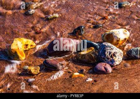 Highly coloured pebbles on a sandy beach in Devon, UK. Stock Photo