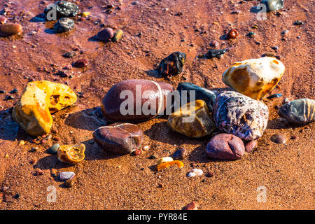 Highly coloured pebbles on a sandy beach in Devon, UK. Stock Photo