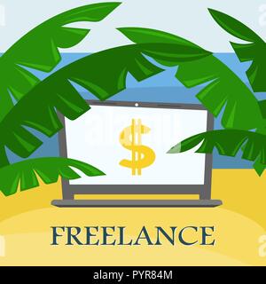 Laptop on a sandy beach with palm trees. Remote work, freelance. Vector illustration. Stock Vector