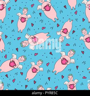 Funny seamless pattern for Valentine's day  witn pig angel on the blue background. Stock Vector