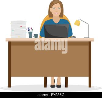 Woman Manager at the Desk with a pile of papers. Vector illustration. Stock Vector