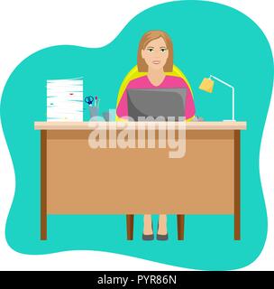 Woman Secretary at the Desk with a pile of papers and a laptop. Vector illustration. Stock Vector