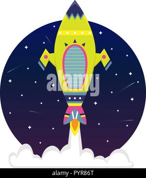 Flat bright cartoon spaceship in a starry sky. Stock Vector
