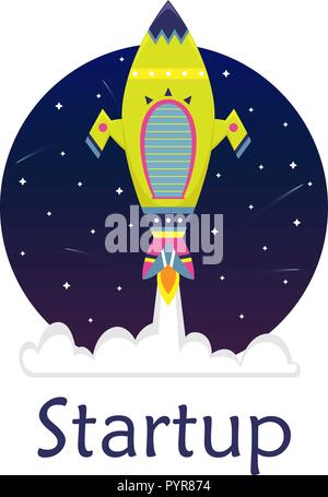 Flat bright cartoon spaceship in a starry sky. Startup. Stock Vector