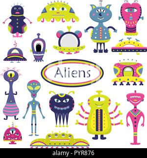 The vector cartoon set with flat aliens.  Funny characters. Stock Vector
